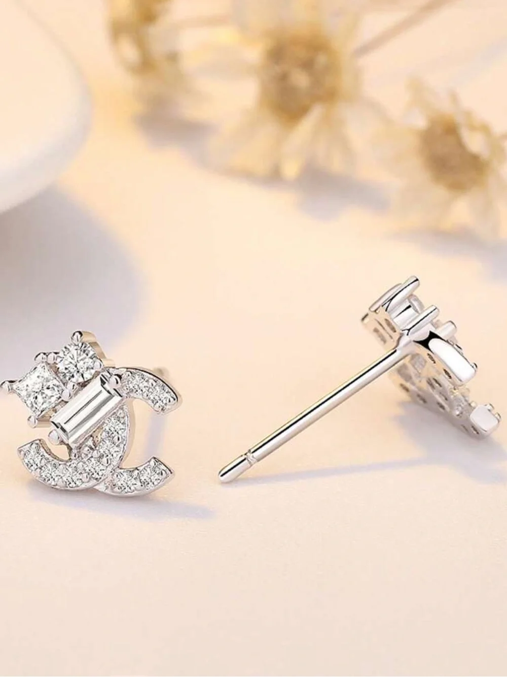 New Luxury Double Logo Crystal Stud Earrings - Silver